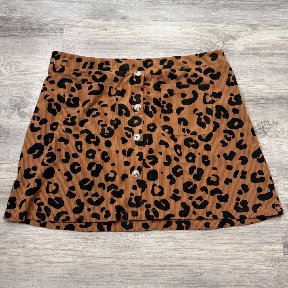 SHEIN‎ CURVE Leopard Print Button Front Mini Skirt Brown Black Ribbed 2XL AL23